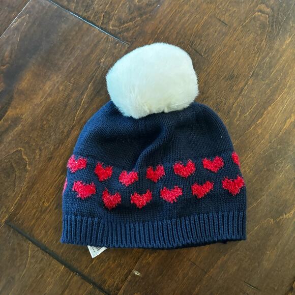 Baby Gap Girls 6-12 Month Winter hat Blue Red Hearts Beanie Pom - Picture 5 of 5
